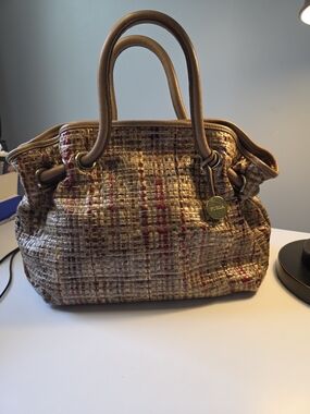 Furla Multicolor Tweed Tote with Brown Leather Handles